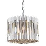 Lampa wisząca Ritz 7xE14 w chromie, o cylindrycznym kształcie, z lustrzanymi, prostokątnymi elementami oraz kryształowym wykończeniem u dołu. Zawieszona na łańcuchu, prezentuje elegancki i nowoczesny styl.