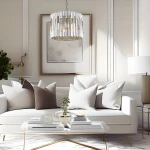 Lampa wisząca Ritz 7xE14 w chromowanej oprawie z dekoracyjnymi elementami, zawieszona nad białą sofą z poduszkami w odcieniach szarości. Jasne, nowoczesne wnętrze z minimalistycznymi dodatkami i dużą ilością naturalnego światła.