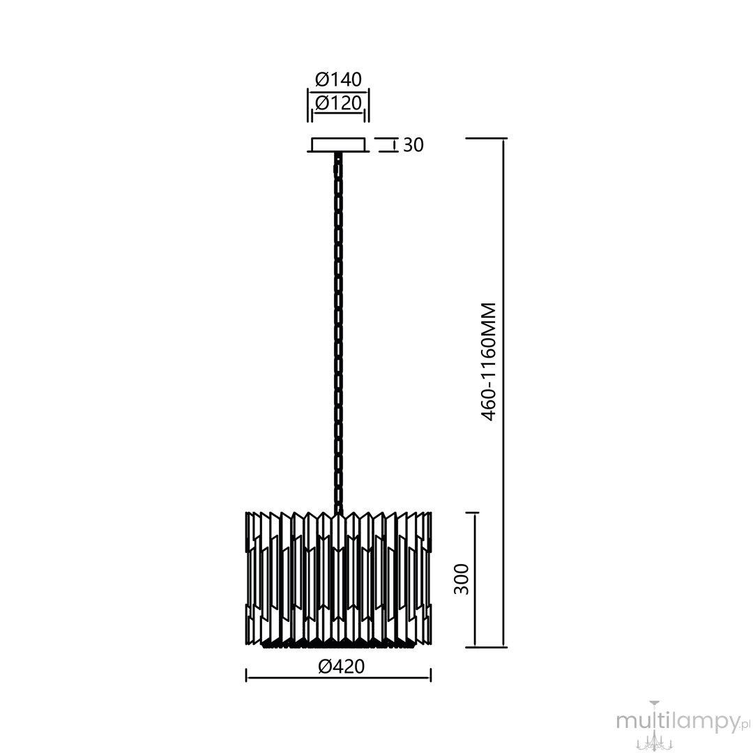 Lampa wisząca Ritz w chromie, z miejscem na 7 żarówek E14. Okrągła, z teksturowanym kloszem o średnicy 420 mm i wysokości 300 mm, regulowana od 460 do 1160 mm. Prosty sufitowy uchwyt o średnicy 120 mm. Idealna do nowoczesnych wnętrz.