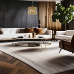 Złota lampa wisząca Ritz, 7xE14, z dekoracyjnymi, pionowymi elementami metalowymi, zawieszona nad okrągłym stołem w nowoczesnym wnętrzu. W tle ciemne ściany, elegancka sofa z poduszkami w odcieniach brązu i duży liść rośliny.