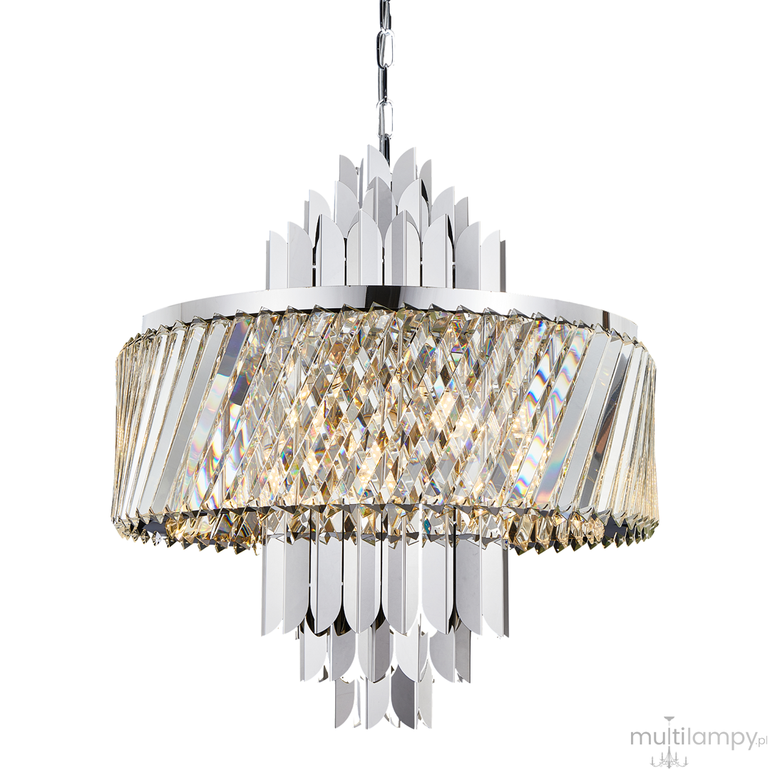 Lampa wisząca Margot w kolorze chromu z 9 gniazdami E14. Okrągła konstrukcja z kryształowymi elementami w geometrycznym wzorze, zawieszona na łańcuchu. Efektowny design, idealna do nowoczesnych wnętrz.
