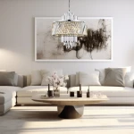 Lampa wisząca Margot w kolorze chromu, z 9 miejscami na żarówki E14. Ozdobiona kryształowymi elementami, ma okrągły klosz z dekoracyjnymi detaliami. Zawieszona w nowoczesnym wnętrzu, nad niskim stołem kawowym.