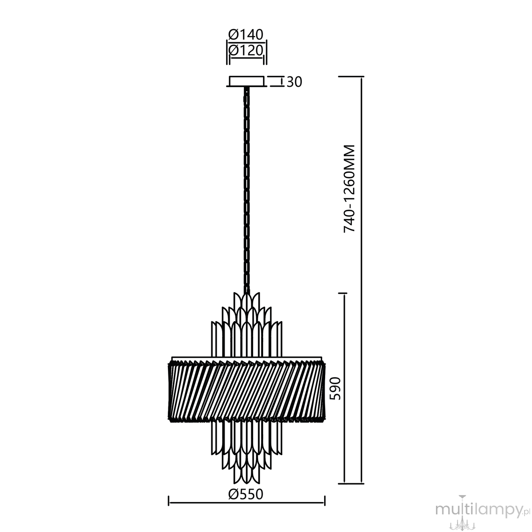 Lampa wisząca Margot w kolorze chromu, z 9 gniazdami E14. Okrągła, z dekoracyjnymi elementami w kształcie diamentów, o średnicy 550 mm i wysokości regulowanej od 740 do 1260 mm. Zawieszona na cienkim łańcuchu, idealna do nowoczesnych wnętrz.