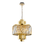 Lampa wisząca Margot, złota, z sześcioma miejscami na żarówki E14. Okrągły klosz z przejrzystym szkłem i geometrycznymi detalami, zawieszona na łańcuszku. Wysokiej jakości wykończenie metalowe, nowoczesny design, idealna do eleganckich wnętrz.