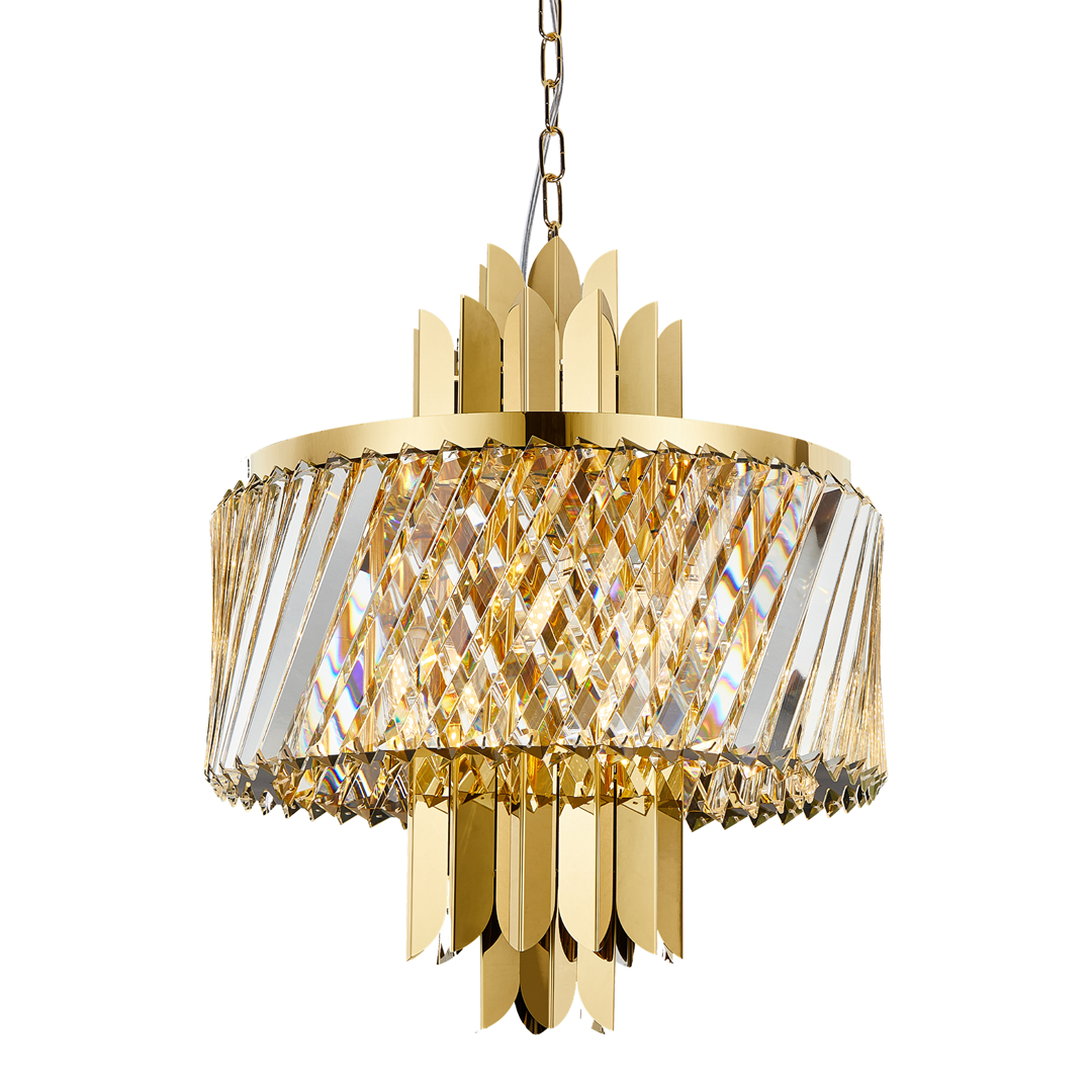 Lampa wisząca Margot w kolorze złotym, z sześcioma miejscami na żarówki E14. Okrągła struktura z kryształowymi elementami, dekorowana metalowymi, zaokrąglonymi detalami. Zawieszona na łańcuchu, idealna do eleganckich wnętrz.