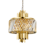 Lampa wisząca Margot w kolorze złotym, z sześcioma miejscami na żarówki E14. Okrągła struktura z kryształowymi elementami, dekorowana metalowymi, zaokrąglonymi detalami. Zawieszona na łańcuchu, idealna do eleganckich wnętrz.