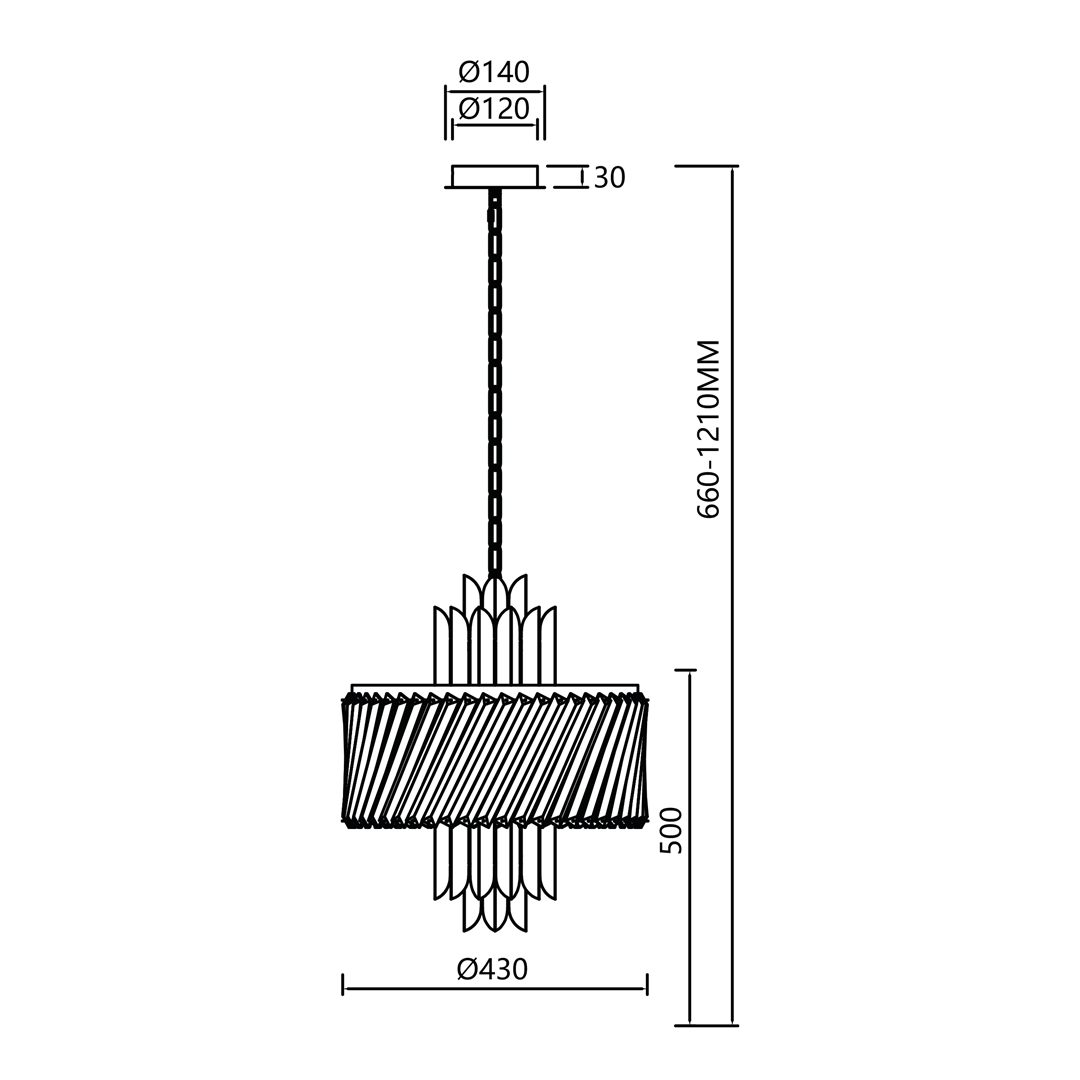 Lampa wisząca Margot, złota, z sześcioma gniazdami E14. Okrągła podstawa o średnicy 140 mm, z dekoracyjnymi, falistymi elementami. Wysokość regulowana od 660 do 1210 mm, średnica klosza 430 mm, szerokość 120 mm.
