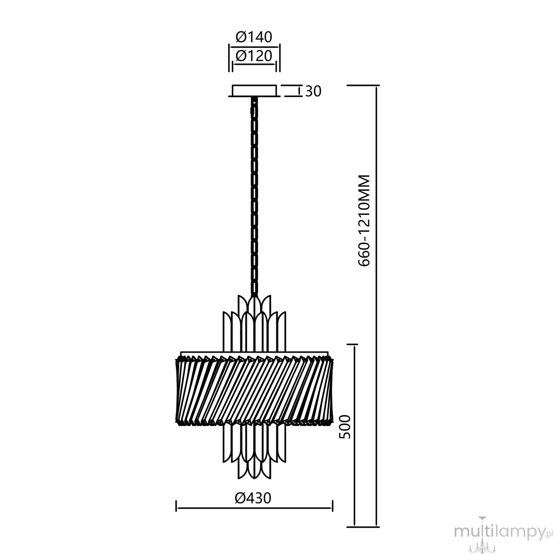 Lampa wisząca Margot w kolorze chromu, z sześcioma oprawami E14. Okrągła, z dekoracyjnym abażurem o średnicy 430 mm i wysokości 500 mm. Regulowana wysokość od 660 mm do 1210 mm, z metalowym zawieszeniem.