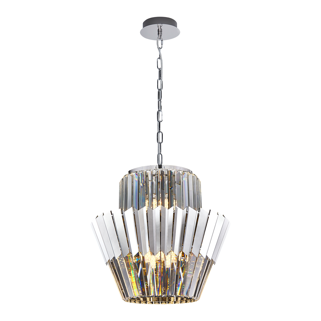 Lampa wisząca Donna, 9xE14, w chromowanej obudowie, z przezroczystymi, szklanymi kloszami w kształcie stożka. Produkt zawieszony na łańcuszku, z okrągłym stropem. Oświetlenie w eleganckim stylu, idealne do nowoczesnych wnętrz.