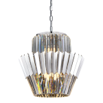 Lampa wisząca Donna, 9xE14, chromowana, o formie stożkowej z wieloma przezroczystymi, pryzmatycznymi elementami. Zawieszona na łańcuchu, efektownie odbija światło, tworząc tęczowe refleksy. Widok z przodu, na białym tle.