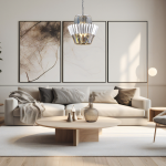 Lampa wisząca Donna 9xE14 w chromowanej obudowie, z dekoracyjnymi szklanymi elementami. Zawieszona nad drewnianym stołem w jasnym, nowoczesnym salonie z minimalistycznymi obrazami na ścianie.