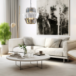 Lampa wisząca Donna z dziewięcioma gniazdami E14, w chromowanej obudowie. Posiada dekoracyjne, przezroczyste elementy w kształcie stożka, zawieszona na łańcuchu. Umieszczona w nowoczesnym wnętrzu z jasnymi meblami i roślinnością.