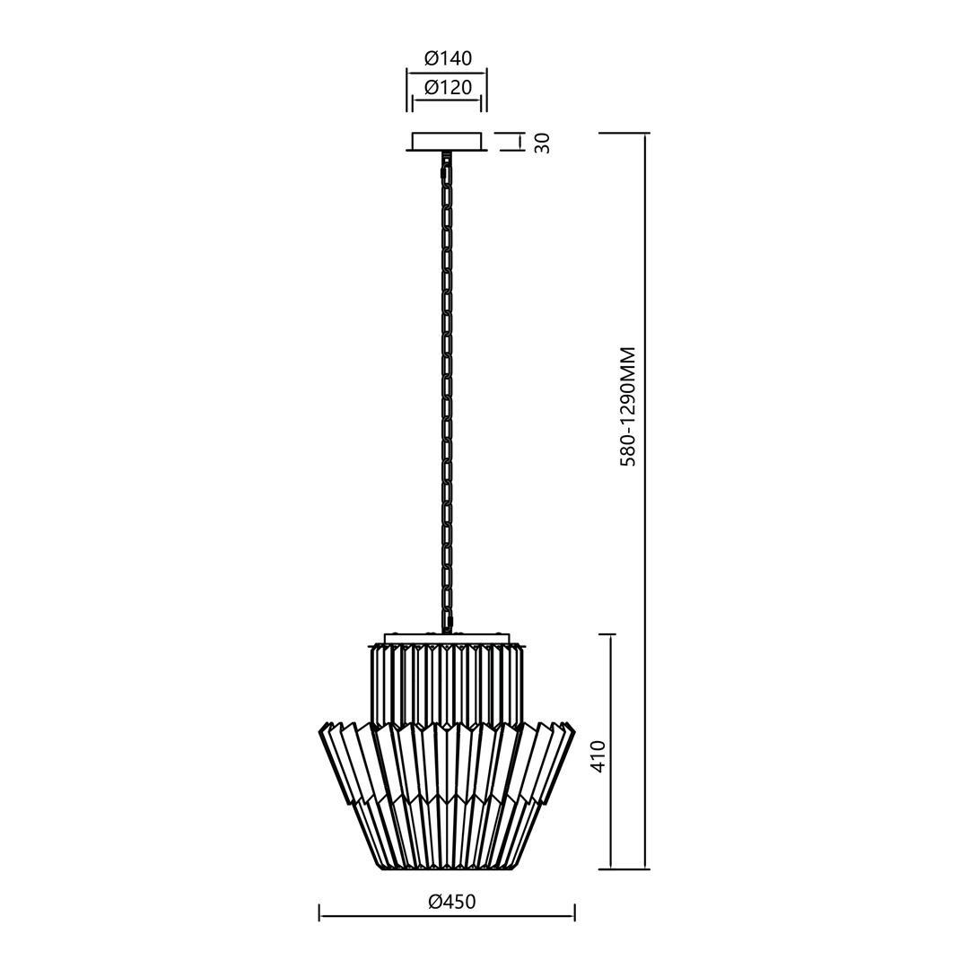 Lampa wisząca Donna z chromowanym wykończeniem, o średnicy 450 mm i wysokości 410 mm. Posiada 9 gniazd E14, zawieszona na regulowanym łańcuchu o długości 580-1290 mm. Kształt klosza przypomina kwiat, z wyraźnymi żłobieniami.