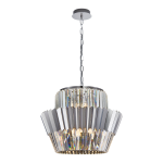 Lampa wisząca Donna w kolorze chromu z 12 miejscami na żarówki E14. Posiada stożkowy kształt z przezroczystymi, wielokątnymi elementami. Zawieszona na łańcuchu, z metalowym mocowaniem sufitowym. Idealna do nowoczesnych wnętrz.