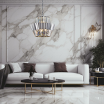 Lampa wisząca Donna z 12 gwintami E14, w chromowanej obudowie o geometrycznym kształcie. Zawieszona na cienkim łańcuchu, umieszczona w nowoczesnym wnętrzu z białą sofą i marmurową ścianą. Elegancki detal w aranżacji.
