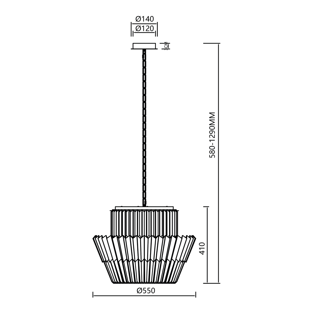 Lampa wisząca Donna z 12 gniazdami E14, chromowana. Okrągła podstawa o średnicy 120 mm, klosz w kształcie stożka o średnicy 550 mm i wysokości 410 mm. Długość regulowana od 580 do 1290 mm. Prosty, nowoczesny design.