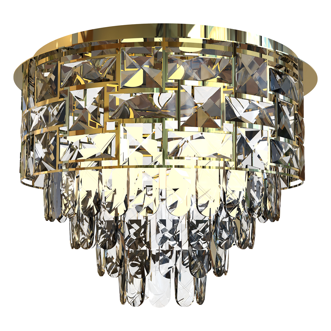 Lampa sufitowa Luxuria 9xE14 w złotym kolorze, o okrągłym kształcie. Posiada dekoracyjne kryształy w różnych kształtach, tworzące elegancki wzór, z wiszącymi elementami u dołu. Zainstalowana w pozycji wiszącej, na białym tle.
