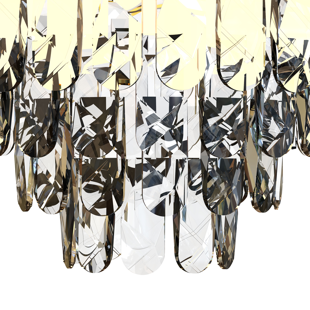 Lampa sufitowa Luxuria 9xE14 w kolorze złotym, z dekoracyjnymi kryształowymi elementami w odcieniach przezroczystym i brązowym. Ujęcie z dołu, pokazujące detale konstrukcji i fakturę kryształów.