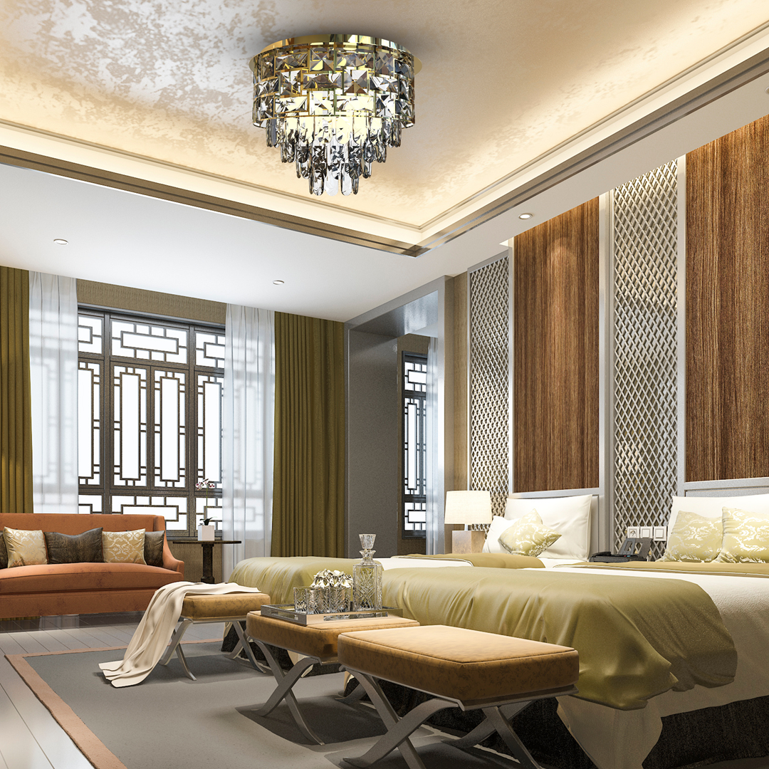 Lampa sufitowa Luxuria 9xE14 w kolorze złotym, ozdobiona kryształkami, zawieszona na suficie w eleganckim wnętrzu sypialni. Widok z dołu, podkreślający jej luksusowy design i efektowne detale.
