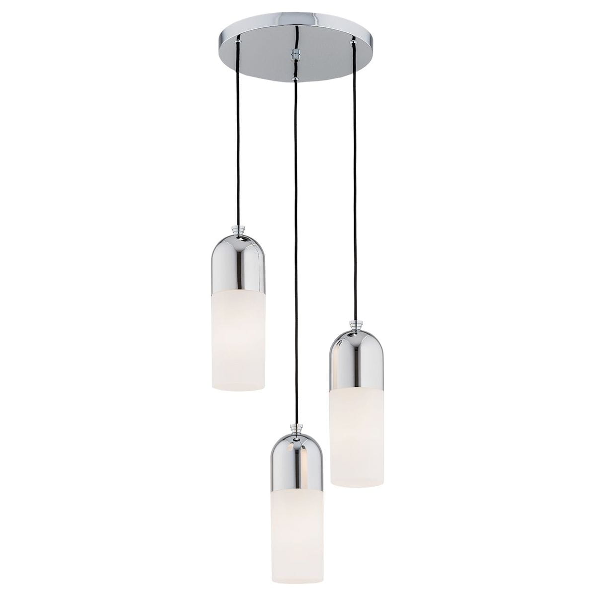 Lampa wisząca Burgos 3xE27 z chromowanym wykończeniem. Składa się z trzech szklanych kloszy w kształcie cylindrów, zawieszonych na czarnych linkach. Płaski, okrągły sufitowy uchwyt w chromie. Klosze mają mleczne szkło, co zapewnia miękkie światło.
