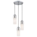 Lampa wisząca Burgos 3xE27 z chromowanym wykończeniem. Składa się z trzech szklanych kloszy w kształcie cylindrów, zawieszonych na czarnych linkach. Płaski, okrągły sufitowy uchwyt w chromie. Klosze mają mleczne szkło, co zapewnia miękkie światło.