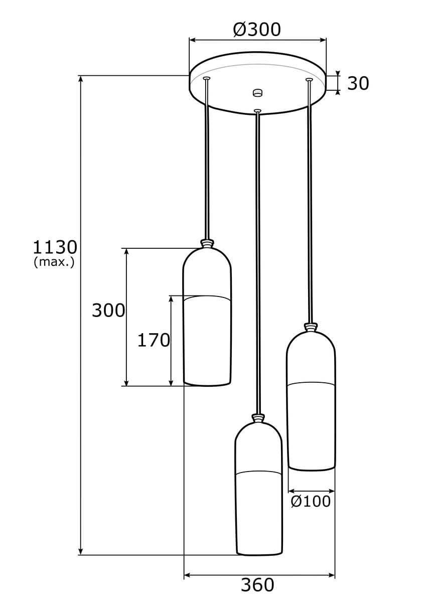 Lampa wisząca Burgos z trzema kloszami w kolorze chromu, z zawieszeniem na kablach. Klosze mają cylindryczny kształt, średnicę 10 cm, różne długości (170 mm i 300 mm). Całkowita wysokość maksymalna 113 cm. Idealna do nowoczesnych wnętrz.