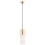 Lampa wisząca Burgos z mosiężnym wykończeniem i szklanym kloszem w formie cylindrycznej. Zawieszona na czarnym przewodzie, idealna do stylowych wnętrz. E27, wysokość z zawieszeniem na długim przewodzie.
