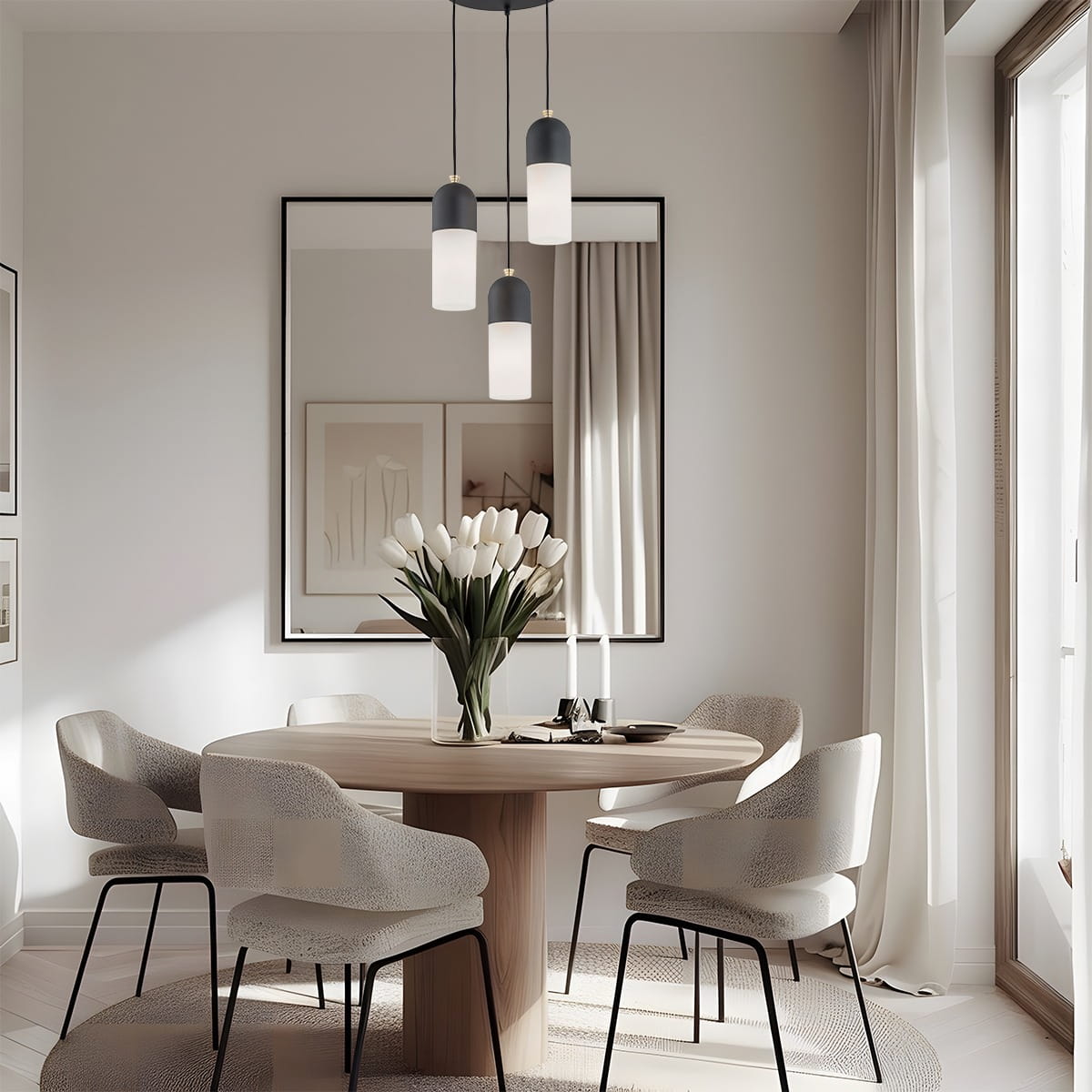 Lampa wisząca Burgos z trzema źródłami światła E27, w kolorze czarnym, z okrągłymi kloszami w matowym wykończeniu. Zawieszona nad okrągłym stołem w eleganckim wnętrzu, w towarzystwie białych krzeseł i wazonu z tulipanami.
