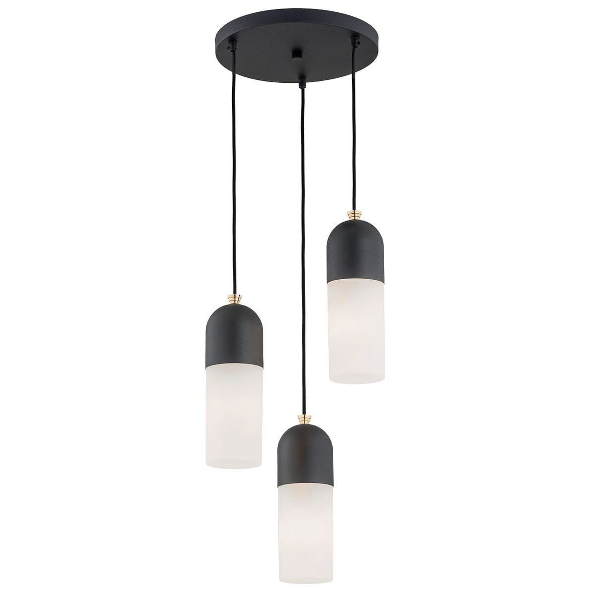 Lampa wisząca Burgos z trzema kloszami, czarna, z matowego szkła. Klosze mają kształt cylindryczny, zawieszone na czarnych przewodach. Elementy metalowe w kolorze złotym. Okrągła podsufitka w czarnym kolorze.