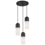 Lampa wisząca Burgos z trzema kloszami, czarna, z matowego szkła. Klosze mają kształt cylindryczny, zawieszone na czarnych przewodach. Elementy metalowe w kolorze złotym. Okrągła podsufitka w czarnym kolorze.