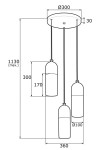 Czarna lampa wisząca Burgos z trzema oprawami na żarówki E27. Kształt cylindryczny, wysokość maksymalna 1130 mm, średnica podstawy 300 mm. Dwa różne rozmiary kloszy: 170 mm i 300 mm, wisi na cienkich linkach, minimalistyczny design.