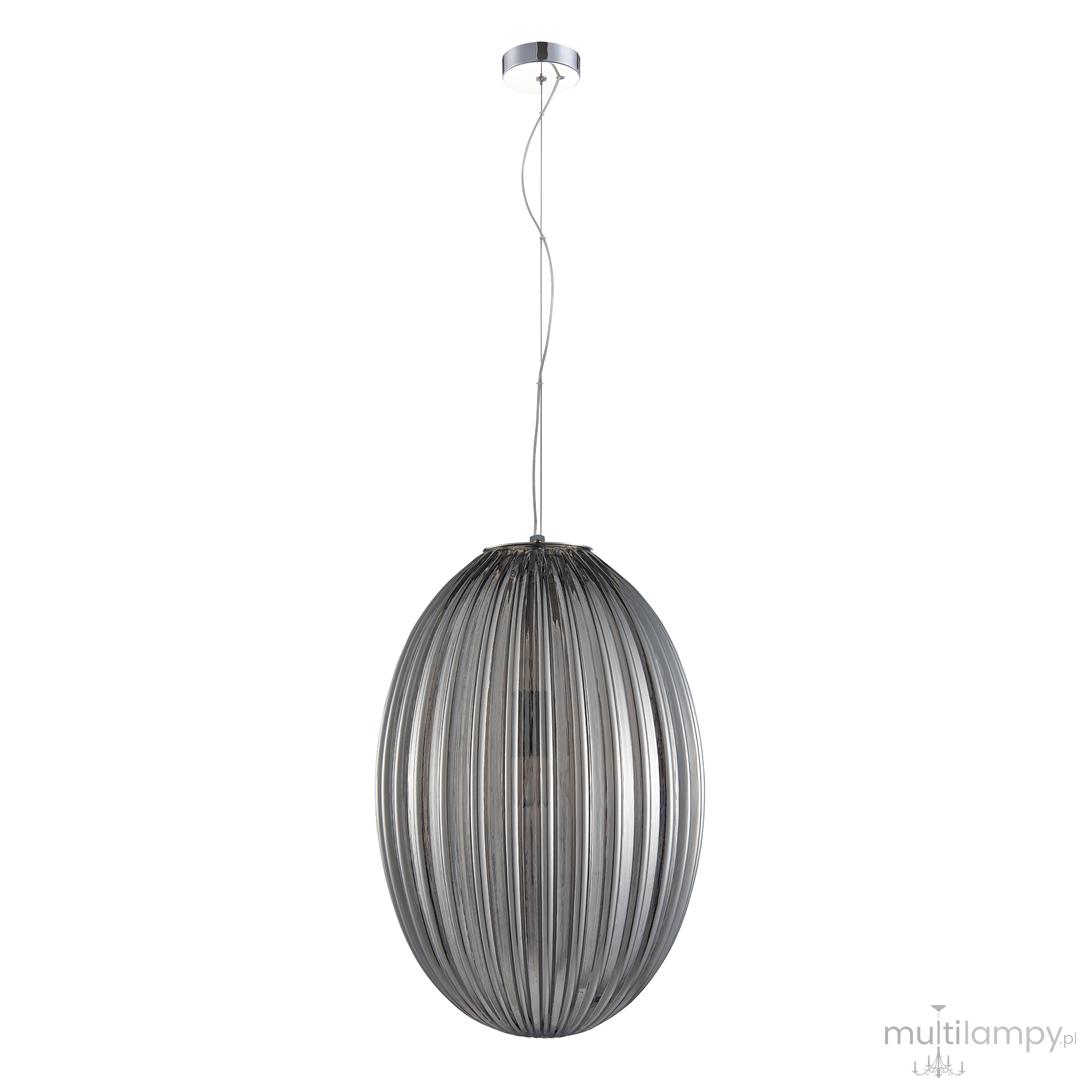 Lampa wisząca Braga z jedną oprawą E27, w chromowanej podstawie. Okrągły klosz wykonany z dymionego szkła z wyraźnymi, poziomymi żłobieniami. Zawieszona na cienkim drucie, z metalowym sufitem. Idealna do nowoczesnych wnętrz.