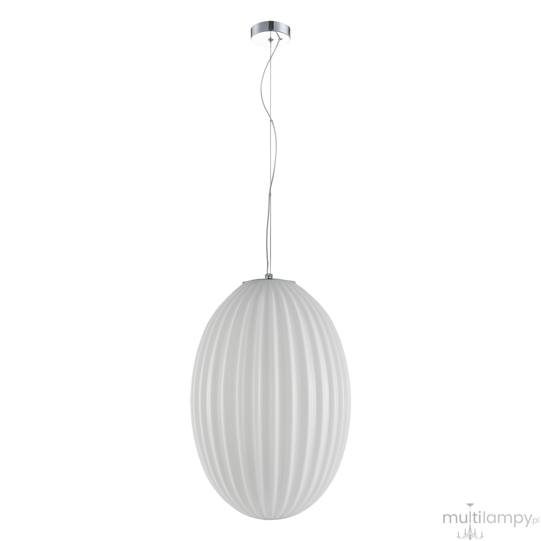 Lampa wisząca Braga 1xE27 w kolorze chromu i białym, o owalnym kształcie z teksturowaną powierzchnią. Zawieszona na cienkim przewodzie, montowana do sufitu. Stylowy element oświetlenia, idealny do nowoczesnych wnętrz.