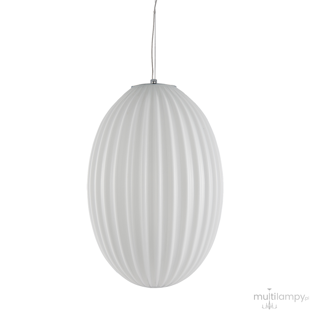 Lampa wisząca Braga 1xE27 w kolorze chromu i białym, o owalnym kształcie z żłobioną fakturą. Zawieszona na cienkim przewodzie, idealna do nowoczesnych wnętrz.