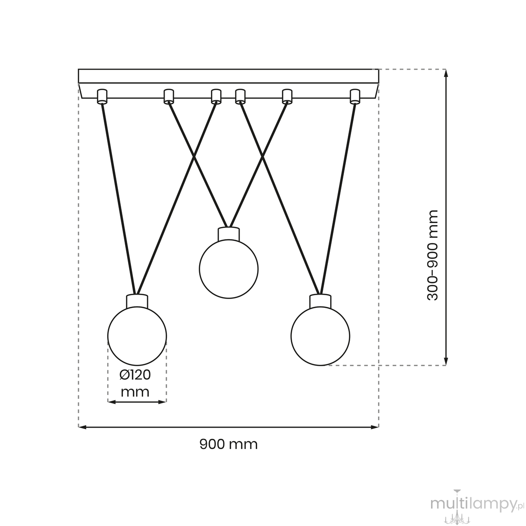 Lampa wisząca Capri 3xG9 w kolorze czarnym i białym, z trzema okrągłymi kloszami o średnicy 120 mm, zawieszona na prostokątnej podstawie o długości 900 mm. Długość zawieszenia regulowana w zakresie 300-900 mm.