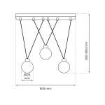 Lampa wisząca Capri 3xG9 w kolorze czarnym i białym, z trzema okrągłymi kloszami o średnicy 120 mm, zawieszona na prostokątnej podstawie o długości 900 mm. Długość zawieszenia regulowana w zakresie 300-900 mm.