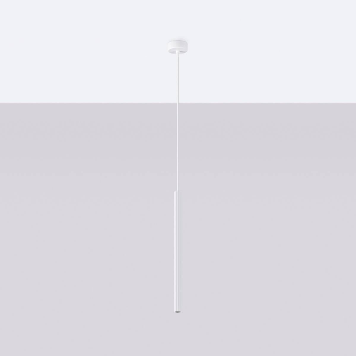 Lampa wisząca Arche SL.1337 w kolorze białym, o cylindrycznym kształcie, zawieszona na cienkim, białym przewodzie. Ujęcie frontalne, z widocznym mocowaniem sufitowym. Prosty, nowoczesny design, idealna do minimalistycznych wnętrz.