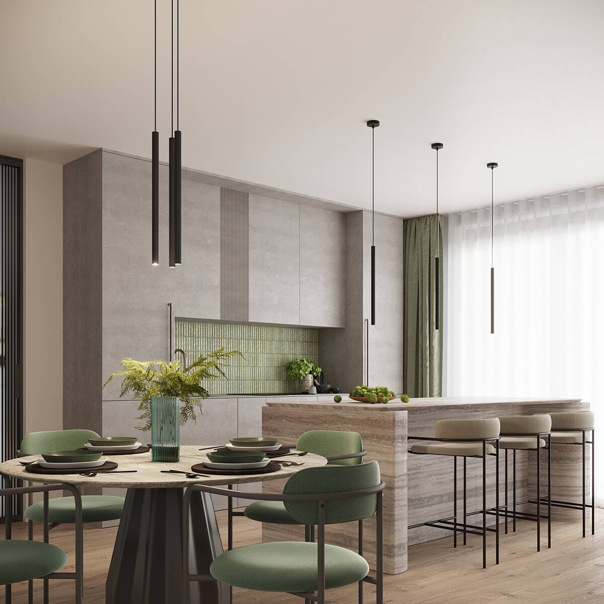 Lampa wisząca Arche 1xG9 w kolorze czarnym, zawieszona w nowoczesnej kuchni. Prosta, cylindryczna forma z metalowym wykończeniem, umieszczona nad stołem jadalnym. Tło w odcieniach szarości i zieleni, z dużymi oknami.