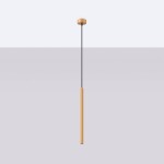 Lampa wisząca Arche w złotym kolorze z jedną oprawą G9, zawieszona na czarnym przewodzie. Ma minimalistyczny, cylindryczny kształt, z widocznym detalem tekstury. Ujęcie frontalne, na jednolitym tle.