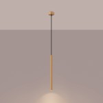 Lampa wisząca Arche 1xG9 w kolorze złotym, o prostym, cylindrycznym kształcie. Zawieszona na czarnym przewodzie, z metalowym mocowaniem sufitowym. Źródło światła umieszczone na dole, emitujące jasne światło. Tło jednolite, w stonowanej kolorystyce.