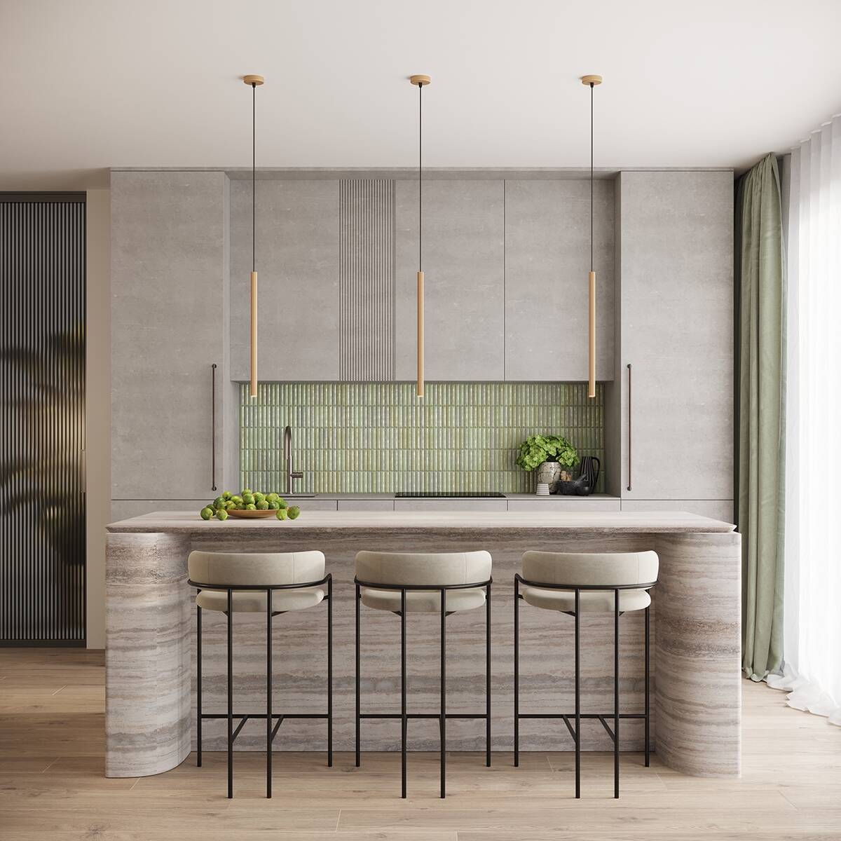 Lampa wisząca Arche 3xG9 w kolorze złotym, zawieszona nad kuchennym blatem. Prosta konstrukcja z długimi, cienkimi ramionami. W tle stylowa kuchnia z zieloną mozaiką i jasnymi barwami mebli. Widoczne wysokie stołki barowe.