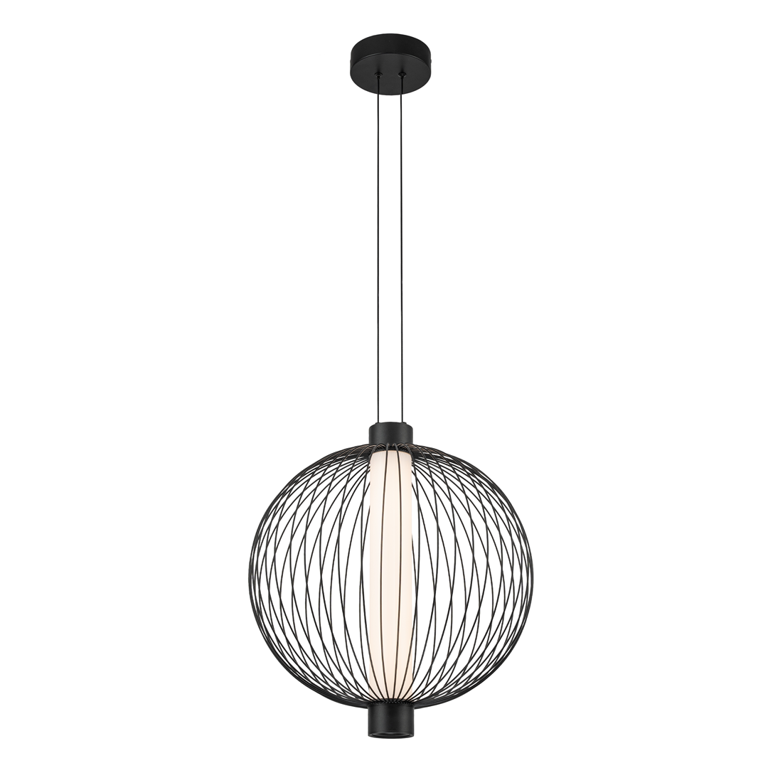 Lampa wisząca Kyoto D43 z czarną metalową osłoną w formie siatki, z wbudowanym źródłem światła LED 32W. Ujęcie z boku, zwisająca z sufitu na dwóch przewodach, z białym elementem w centralnej części. Proste tło podkreśla jej nowoczesny design.