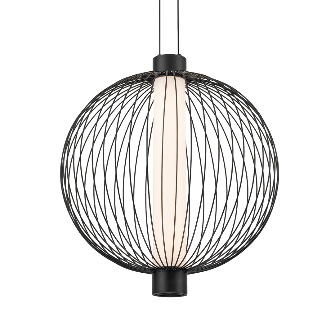Lampa wisząca Kyoto D43 w kolorze czarnym, o okrągłej, metalowej konstrukcji z siatki, z centralnym źródłem światła LED o mocy 32W. Ujęcie frontalne, zwisająca z sufitu, z delikatnym, białym kloszem wewnętrznym.