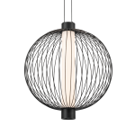 Lampa wisząca Kyoto D43 w kolorze czarnym, o okrągłej, metalowej konstrukcji z siatki, z centralnym źródłem światła LED o mocy 32W. Ujęcie frontalne, zwisająca z sufitu, z delikatnym, białym kloszem wewnętrznym.