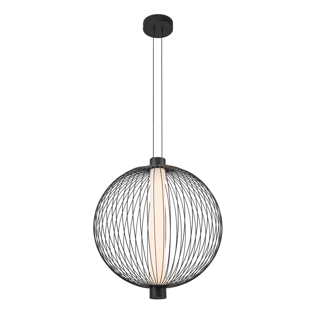 Lampa wisząca Kyoto D54 z czarnej siatki metalowej, okrągła, z jedną żarówką LED 39W. Zawieszona na dwóch linkach, z widocznym źródłem światła w centralnej części, na jednolitym tle.
