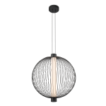 Lampa wisząca Kyoto D54 z czarnej siatki metalowej, okrągła, z jedną żarówką LED 39W. Zawieszona na dwóch linkach, z widocznym źródłem światła w centralnej części, na jednolitym tle.