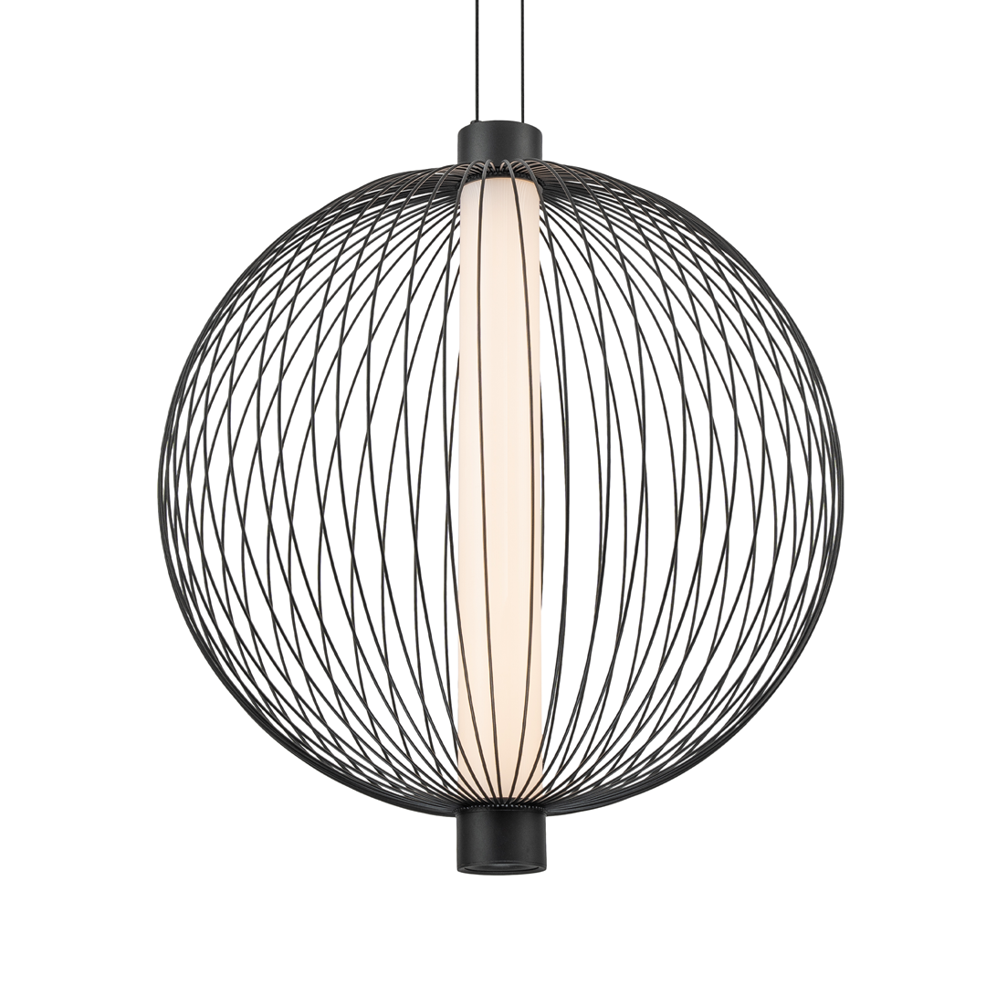 Lampa wisząca Kyoto D54 z czarną, metalową siatką w kształcie kuli, z centralnym elementem LED w białym kolorze. Ujęcie frontalne, wisząca konstrukcja. Idealna do nowoczesnych wnętrz.