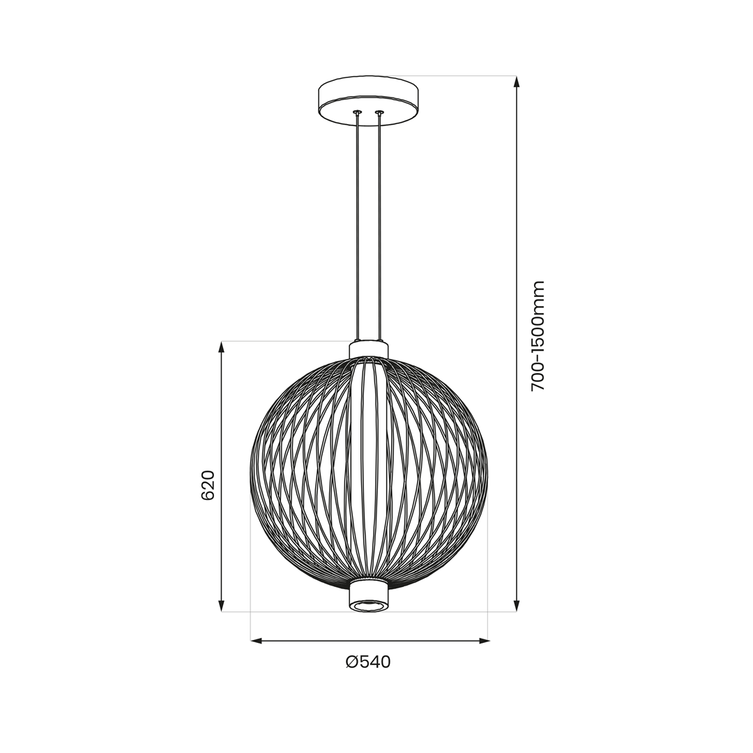 Lampa wisząca Kyoto D54 w kolorze czarnym, z okrągłym kloszem o średnicy 540 mm i wysokości 620 mm. Zawieszona na regulowanym przewodzie, umożliwiającym ustawienie wysokości od 700 do 1500 mm. Zasilanie LED 39W.
