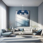Żyrandol Bolzano 5xE27 w kolorze chromu i granatu, zawieszony na długim przewodzie, z pięcioma granatowymi kloszami. Umieszczony w nowoczesnym wnętrzu, w otoczeniu jasnych mebli i dekoracji na tle niebieskiej ściany.
