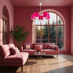 Żyrandol Bolzano 5xE27 w kolorze chromu z różowymi kloszami, zawieszony w jasnym, różowym wnętrzu. Produkt umiejscowiony nad okrągłym stolikiem kawowym, otoczony różowym sofą i rośliną doniczkową.